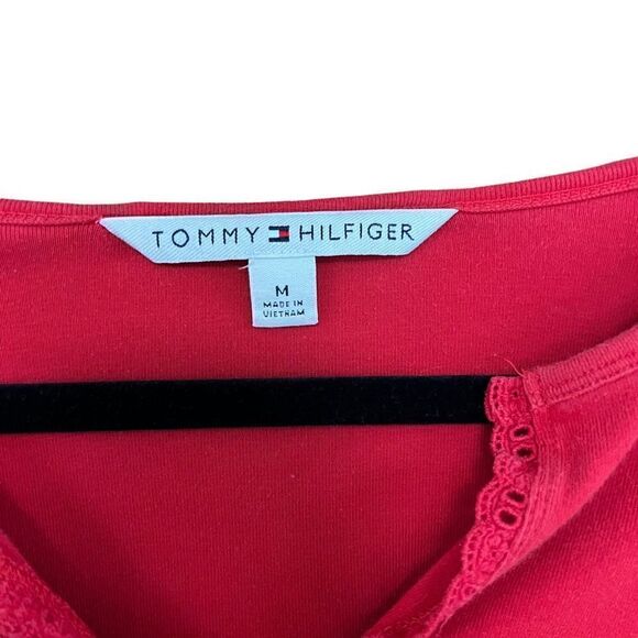 TOMMY HILFIGER Red V-Neck Blouse W/ Frill Trim Size Medium - Picture 5 of 5